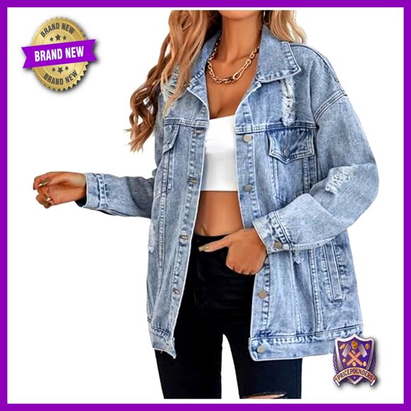 Oversized Distressed Denim Jacket Boyfriend Fit Ripped Y2K Vintage Chic
